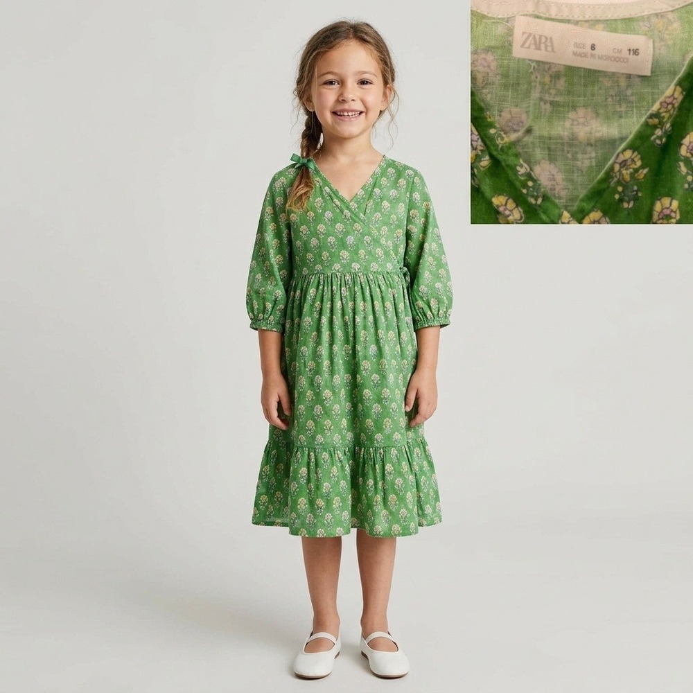 Zara Floral Wrap Dress Girls Size 6 Green Excellent Tiered Boho V-Neck